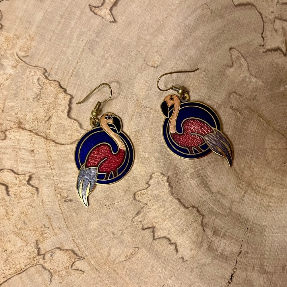 Elegant Gold, Blue and Raspberry Enamel Flamingo Earrings
